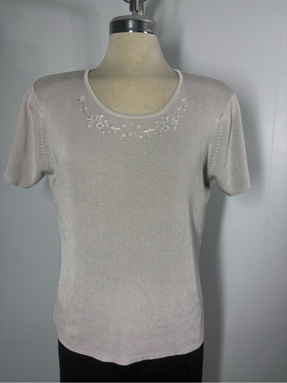Dalia Short-Sleeve Scoop Neck Top with Bead Embroidery - Cream